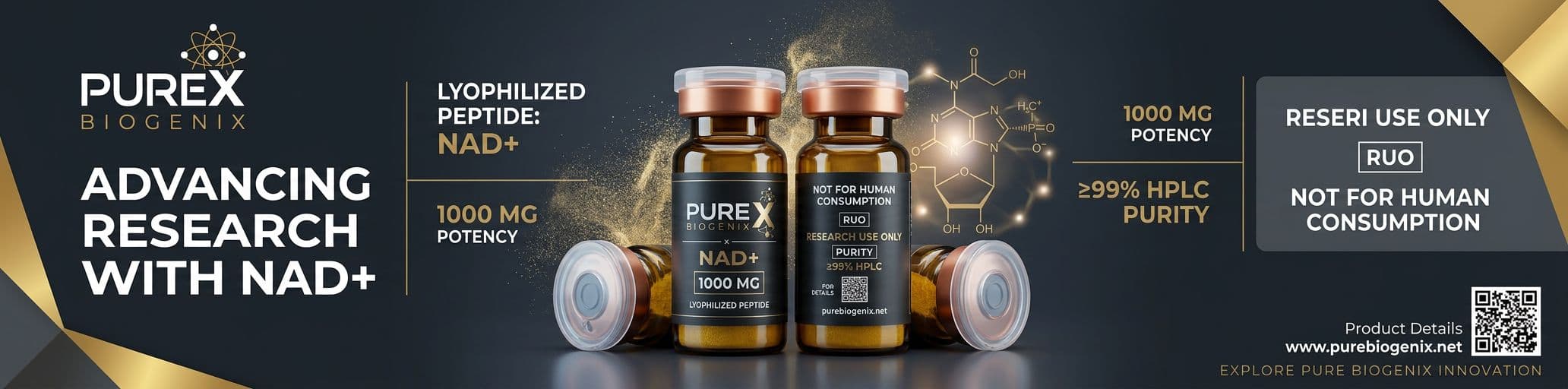 Pure Biogenix NAD+ promotional banner with amber vials and gold detailing